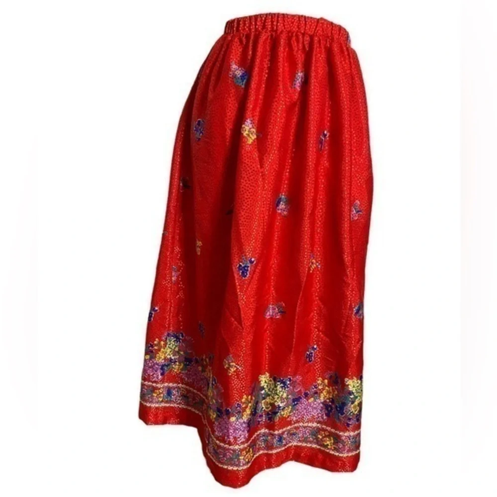 Handmade Red Shiny Polka Dot and Floral Midi Skirt